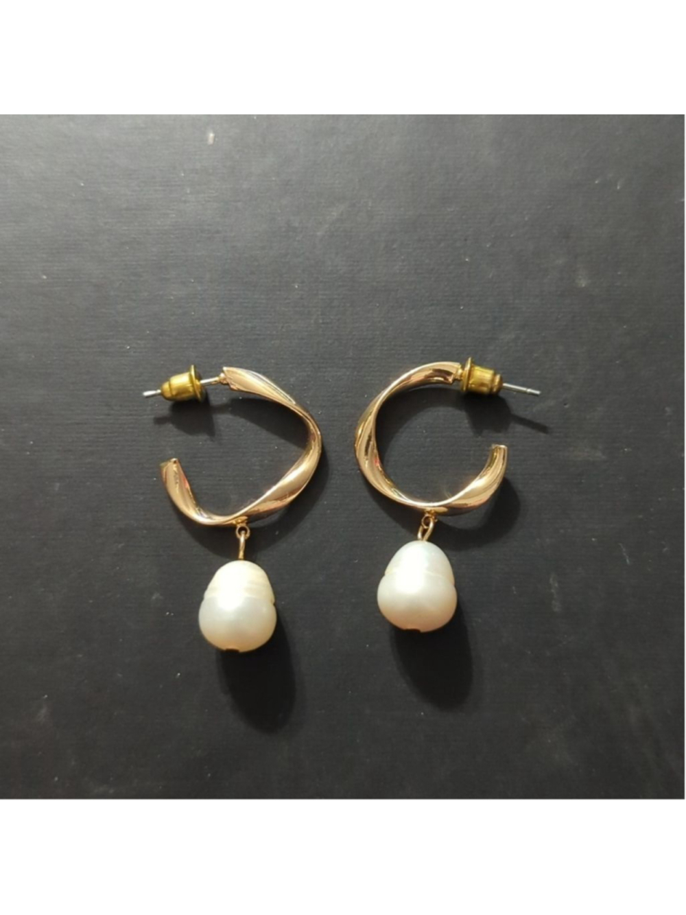 Gold Tone Curved Hoop White Genuine Pearl Drop Statement Earrings